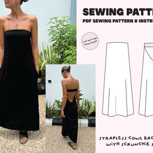 Strapless dress with open cowl back/ Digital PDF Sewing Pattern / Size XXS-XXL / Instant Download with 7 Printable Sizes / A-line / Pockets