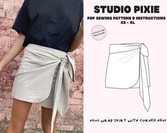 Mini wrap skirt digital PDF Sewing Pattern / Size UK 6-18 / 7 Printable Sizes / Beginner friendly / Curved hem / Simple skirt pattern