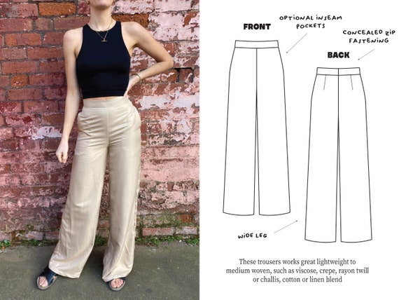 Wide Leg Trousers / Digital PDF Pattern / Size XS-XL / Instant Download  With 5 Printable Sizes / Zip Closure / Beginner-intermediate 