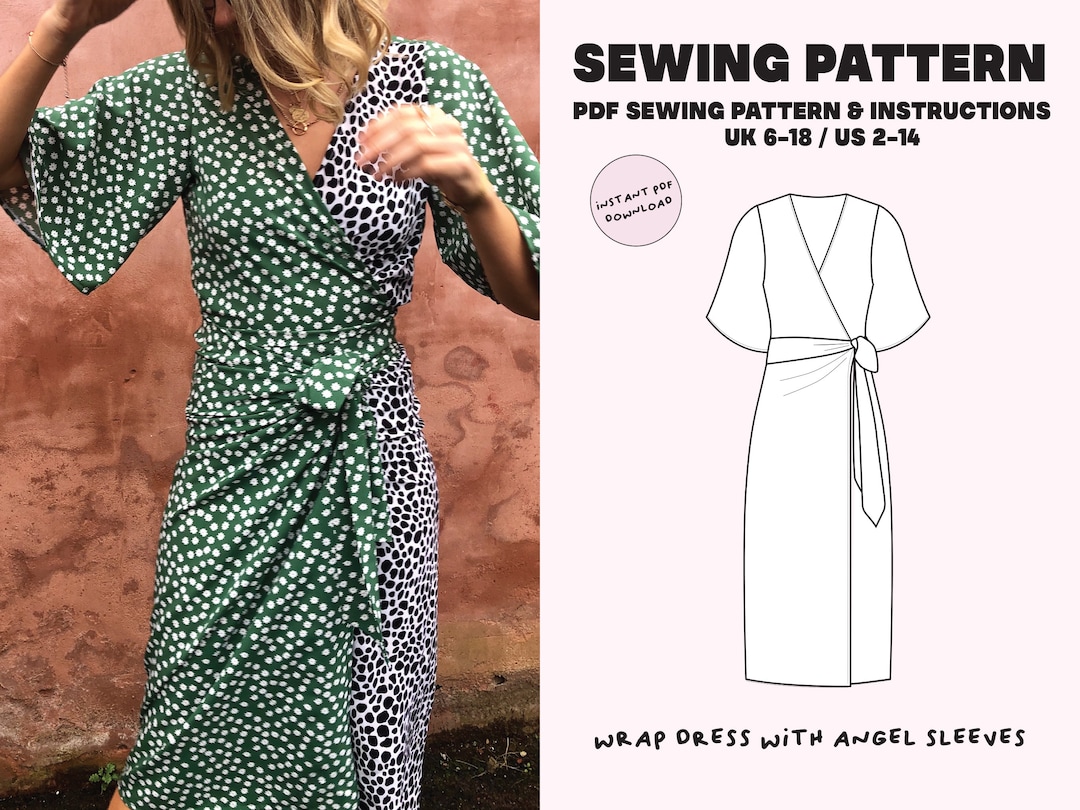Wrap Dress Digital PDF Sewing Pattern / Size UK 6-18 / Angel Sleeves ...