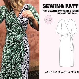 Wrap dress digital PDF Sewing Pattern / Size UK 6-18 / Angel sleeves/ Midi dress / 7 Printable Sizes / Intermediate pattern / Modern sewing