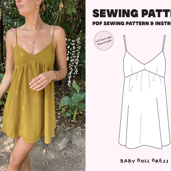 Babydoll cami dress pattern / Digital PDF pattern / Size XXS-XXL / Instant Download with 7 Printable Sizes / Mini summer dress/ Intermediate