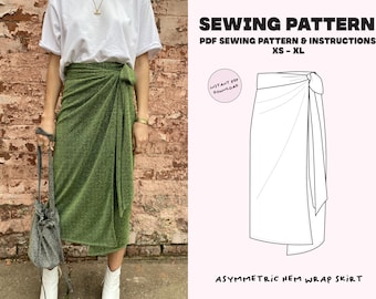 Midi wrap skirt Digital PDF Sewing Pattern // Size XS-XL // Instant Download with 5 Printable Sizes // Asymmetric hem // Beginner friendly