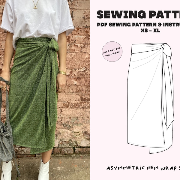 Midi wrap skirt Digital PDF Sewing Pattern // Size XS-XL // Instant Download with 5 Printable Sizes // Asymmetric hem // Beginner friendly