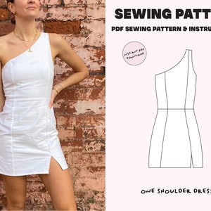 One shoulder dress / Digital PDF pattern / Size UK 6-18 US 2-14 / Instant Download with 7 Printable Sizes / Mini / Summer / Intermediate