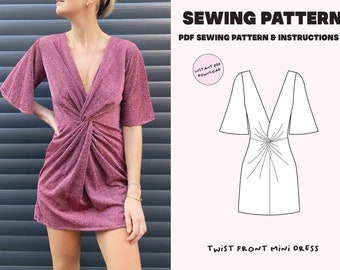 Twist front dress / Digital PDF pattern / Size XS-XL / Instant Download with 5 Printable Sizes / Mini/ Summer / Prom  / Intermediate