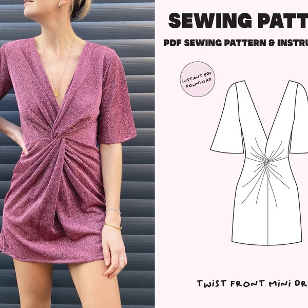 Twist front dress / Digital PDF pattern / Size XS-XL / Instant Download with 5 Printable Sizes / Mini/ Summer / Prom  / Intermediate