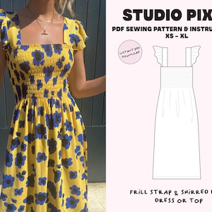 Frill flutter sleeve summer dress Digital PDF Sewing Pattern / Size XS-XL / Instant Download with 5 Sizes / Shirred bust / Beginner friendly