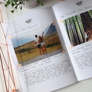 May include: A photo album page with a photo of a couple standing in front of a mountain range. The page is titled "Visit New Zealand" and includes the text "When: March 2016, Who With: Sam and Marta, Where: New Zealand". The text "Forever remembered for it's "The Lord of the Rings" landscapes are these enormous hills and valleys. The text continues with "Unesco listed volcanoes sculpted moonscapes, lush rolling hills, beaches, cities like Auckland and Wellington, worthy scenery and a laid back vibe."