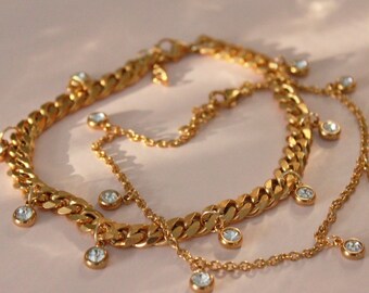 7MM 18K Gold Plated Anklet Flat Chain Glass Stones Ankle Statement Jewelry Tarnish Resistant Handmade