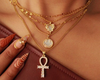 Ankh CZ Pendant Layered 18K Gold Plated Necklace Handmade Multi-Strand Statement Jewelry