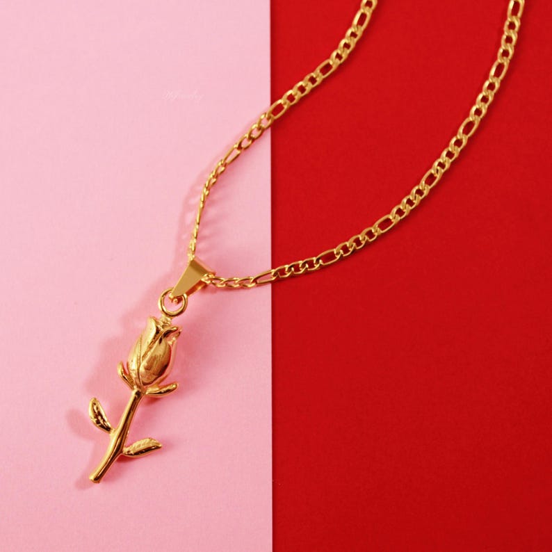 Rose Necklace Pendant 18K Gold Plated Stainless Steel 4MM Figaro