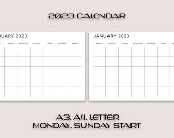 2023 Calendar | Printable Calendar | 2023 Monthly Planner | A4, A3, Letter | Monday & Sunday Start | Horizontal, Minimalist Calendar PDF