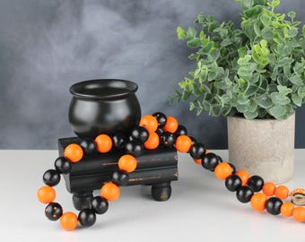 Halloween Wood Bead Garland, Spooky Decor, Halloween Tiered Tray, Chunky Orange and Black Garland