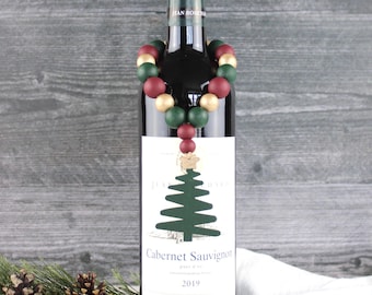 Christmas Tree Wine Bottle Tag, Xmas Wine Decor, Wood Bead Wine Bottle Garland, Winter Decor, Holiday Party Gift, Christmas Wine Gift