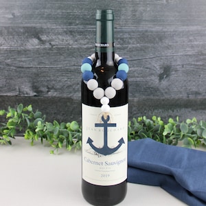 Nautical Wine Bottle Tag, Summer Decor, Wine Decor, Wood Bead Wine Bottle Tag, Hostess Gift, Nautical Decor