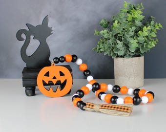 Halloween Wood Bead Garland, Spooky Decor, Halloween Tiered Tray, Chunky Jack-o'-Lantern Garland