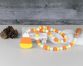 Fall Wood Bead Garland, Autumn Tiered Tray, Halloween Decor, Thanksgiving Decor, Candy Corn Garland