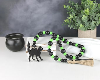 Halloween Wood Bead Garland, Halloween Decor, Spooky Tiered Tray, Black Cat Garland