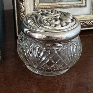 Vintage Avon Vanity Jar: Pressed Glass Trinket Pot with Scroll Lid