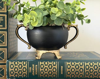 Hand Painted Black Gold Leaf Creamer with Faux Eucalyptus – Vintage Silver