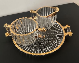 Vintage Jeannette Glass Creamer, Sugar Bowl & Tray, 22kt Gold Trim