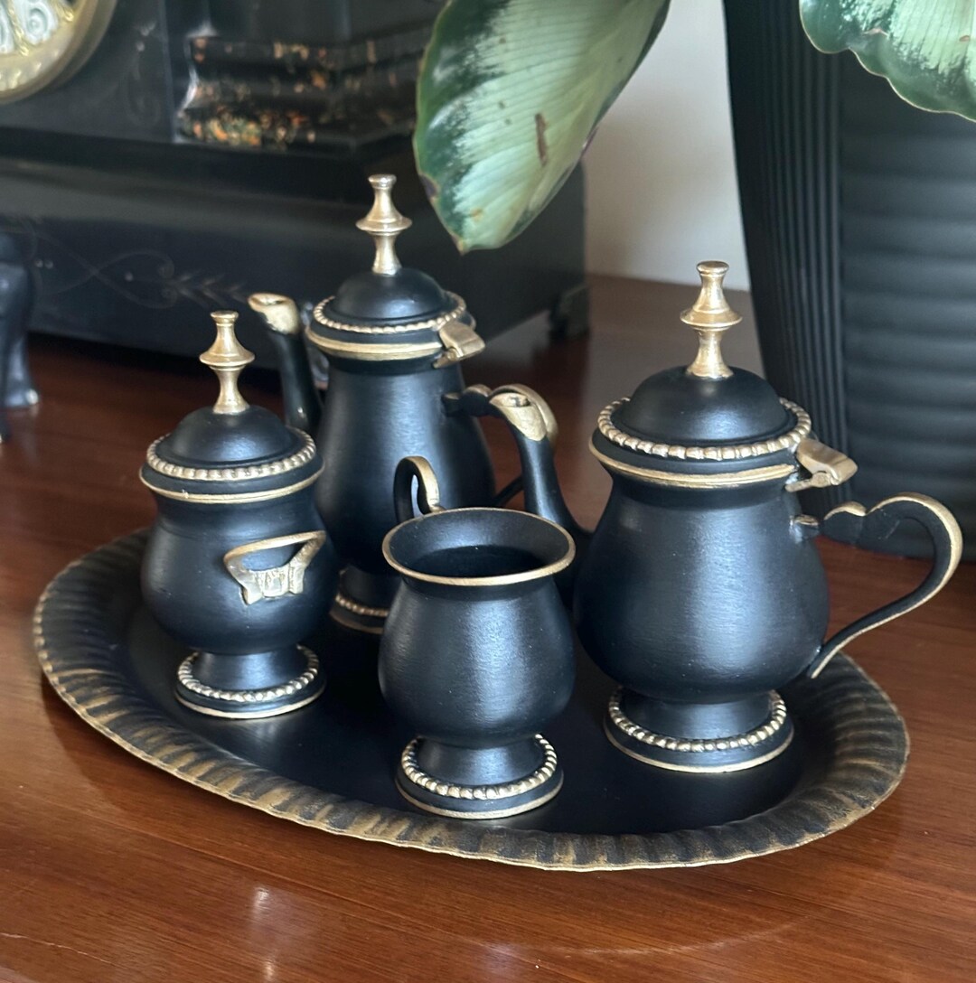 Southern Tea Set Petite Vintage Hand-painted Tea Set: Black & Gold Cottage Decor - Etsy