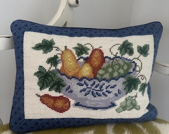 Vintage Wool Cross Stitch Pears in bowl Pillow