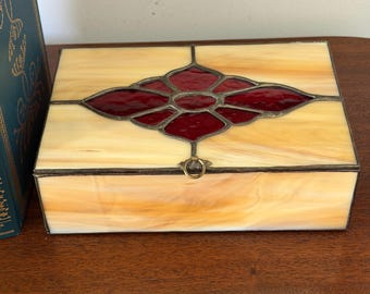 Vintage Stained Glass 8 1/2” x 5 1/2” Box with Red Diamond Flower