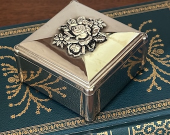 Vintage Floral Roses Silver Plated Square Blue Velevet Lined Jewelry Box