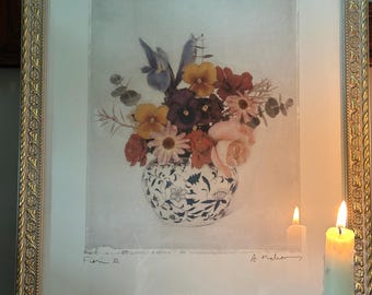 Vintage Floral Print: Signed Blue & White Vase, Gold Frame