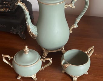 Handpainted Moss Green Tea Set: Vintage Silver, 18kt Gold Accents