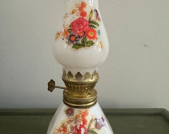 Vintage Small Opaque Glass Oil Kerosene Lamp with Matching Chimney Wild Flower Decal