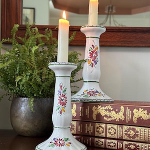 Vintage Set of 2  Hand-painted Floral Candlestick  Holders, Numbered. Cottage Decor