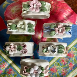 VTG Ceramic 3D Flower Napkin Ring Holder Capodimonte Style Floral Set Of 6