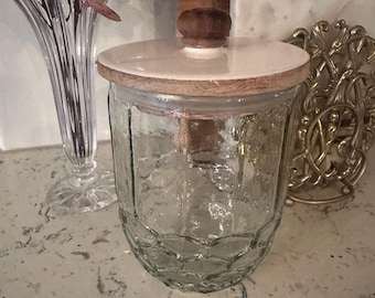 Vintage honeycomb glass canister with wood lid