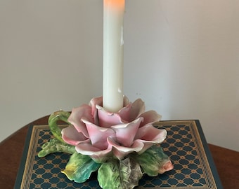 Vintage Capodimonte Pink Rose ceramic candle holder