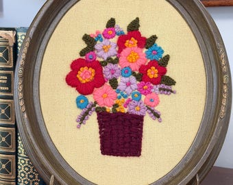 Vintage Crewel Embroidery Oval Frame with Basket of Colorful Flowers