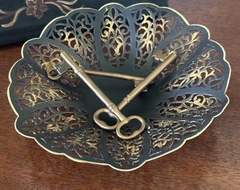 Vintage Handpainted Silver scalloped Edge, Filigree Cutout Trinket Dish, Painted Black with Gold Accents