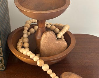 Vintage Double Stacked Wooden Bowls: Cottagecore Primitive Decor