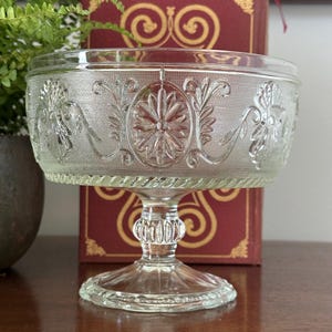 Vintage Pedestal Glass Dish or Compote. Indiana Sandwich Glass, Scroll and Flower Pattern. Catch all, Trinket Dish, Fruit Bowl. Made in USA