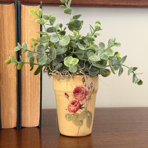 May include: A small, yellow flower pot with a floral design featuring pink roses and green leaves. The pot is filled with green leafy plants. Two antique books are to the left of the pot, and the items are on a wooden surface.