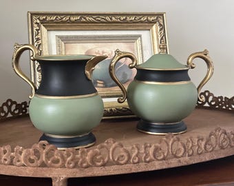 Handpainted Green, Black with Goldleaf Accents, Vintage Silver Creamer and Sugar Bowl
