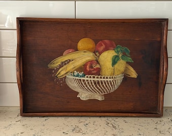 Vintage hand painted Fruit Still life on  1928 Wooden Tray with handles