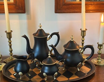 Hand Painted Black and Gold Tea Set with Harlequin Tray