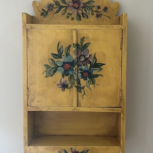 Vintage Handpainted Yellow with Flowers Wooden Cabinet with Doors and Shelves/Primitive Decor/Cottage Core/Country Cottage