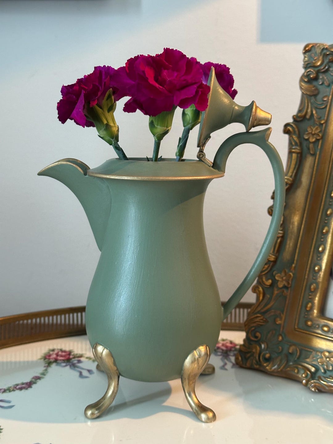 Vintage Hand Painted Miniture Moss Green and Gold Leaf Tea Pot/bud Vase ...