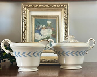Vintage Syracuse China Creamer and Sugar Set: Sherwood Blue Laurel Gold Trim