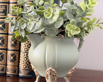 Vintage Hand Painted Sage Green/Gold Leaf Accents Creamer with Faux Eucalyptus