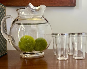Vintage Macbeth Evans Hand Blown Pitcher Set: Silver Band & Stripe, Four Tumblers